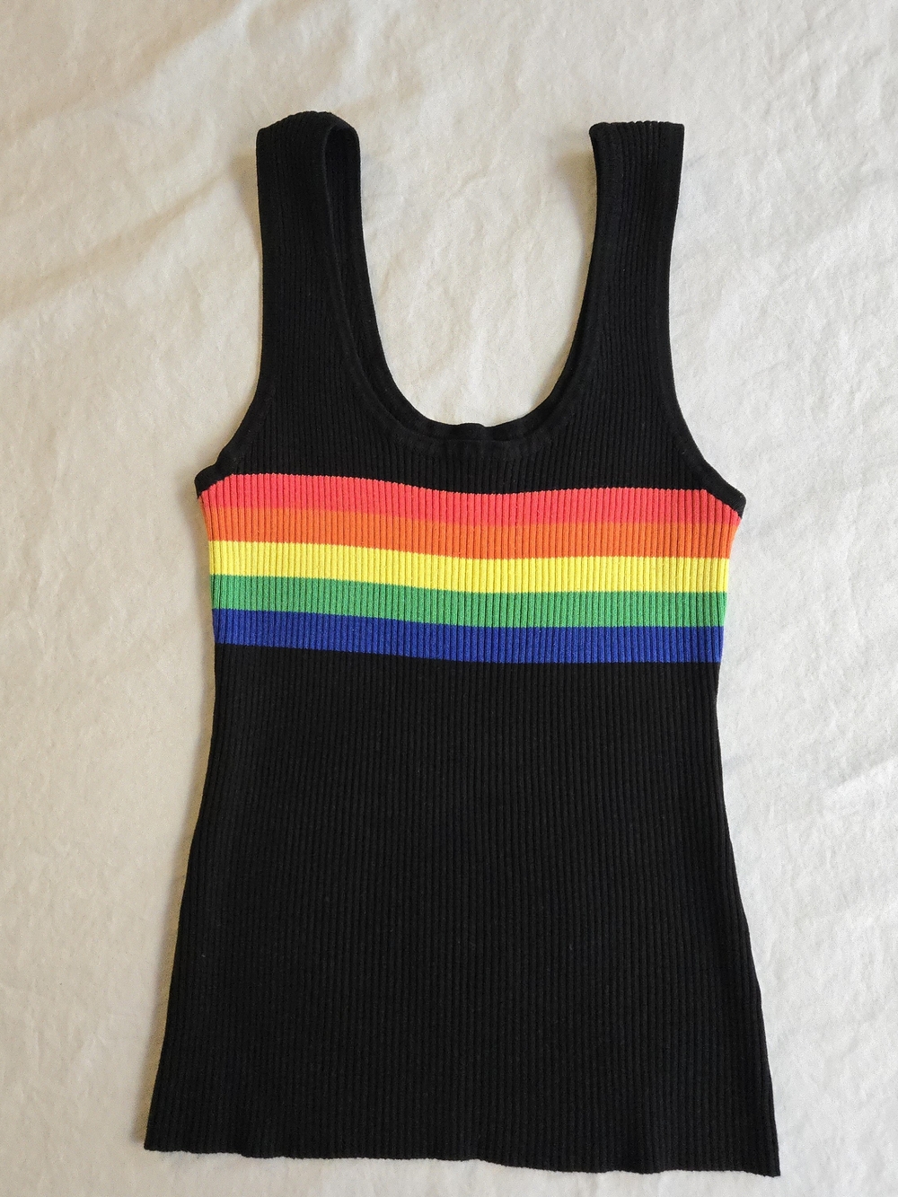Fashion Vitamin Black Ribbed Stretchy Wide Strap Tank Top Rainbow Stripe MKY